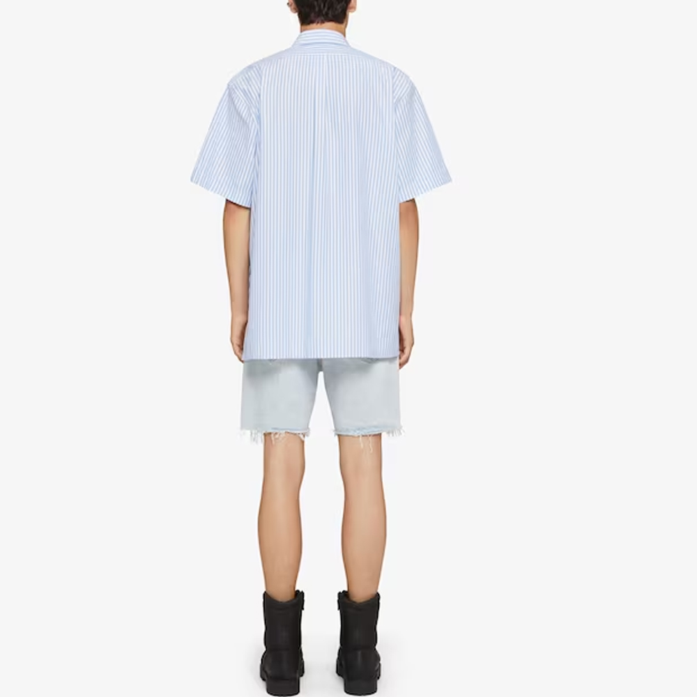 Shop GIVENCHY SS24 Kemeja Garis Lengan Pendek Berkerah Biru Muda BM60ZZ15F0-452