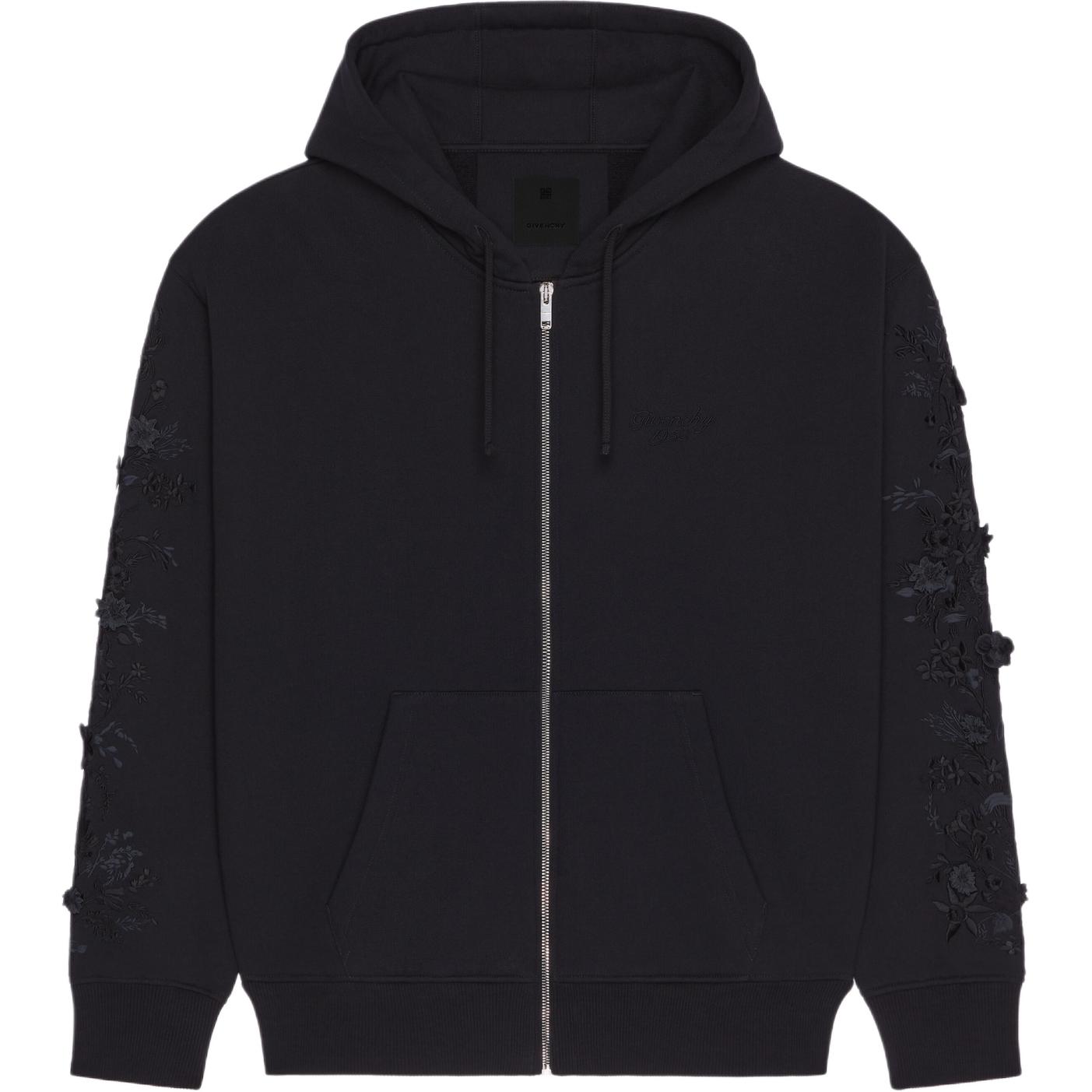 Givenchy SS24 Black Floral Embroidered Hoodie Jacket BMJ0LB3YN8-001