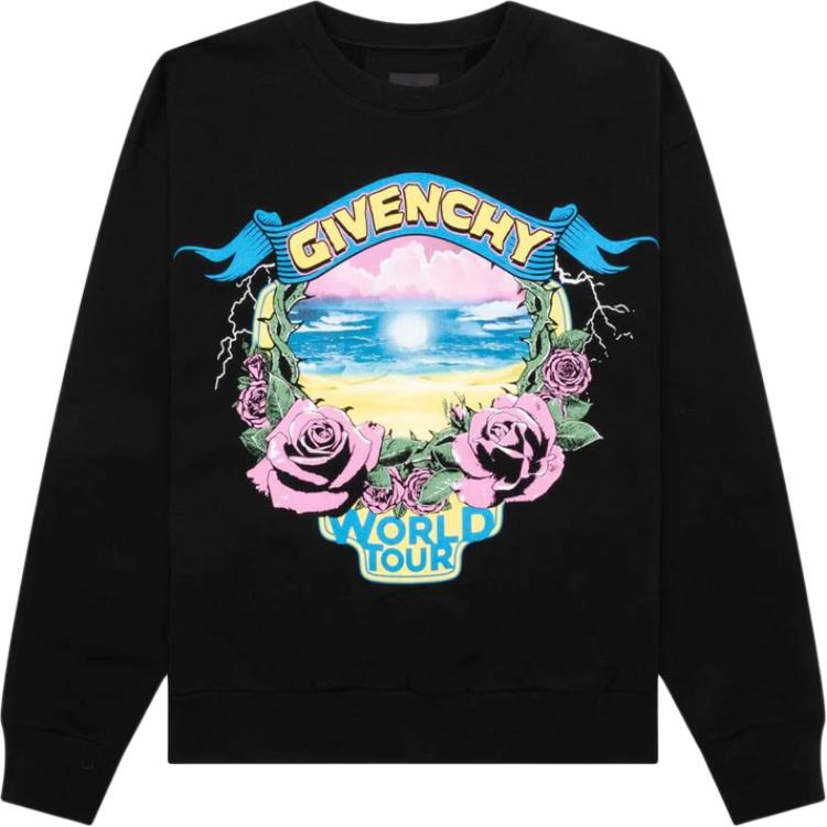 Givenchy SS24 Black Logo Floral Print Long-Sleeve Crewneck Sweatshirt BMJ0LC3YJ7-001