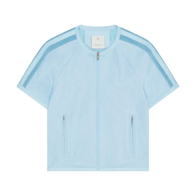Givenchy SS24 Blue Perforated Leather Striped Zip-Up Short-Sleeve Jacket BM016D6Y2F-450