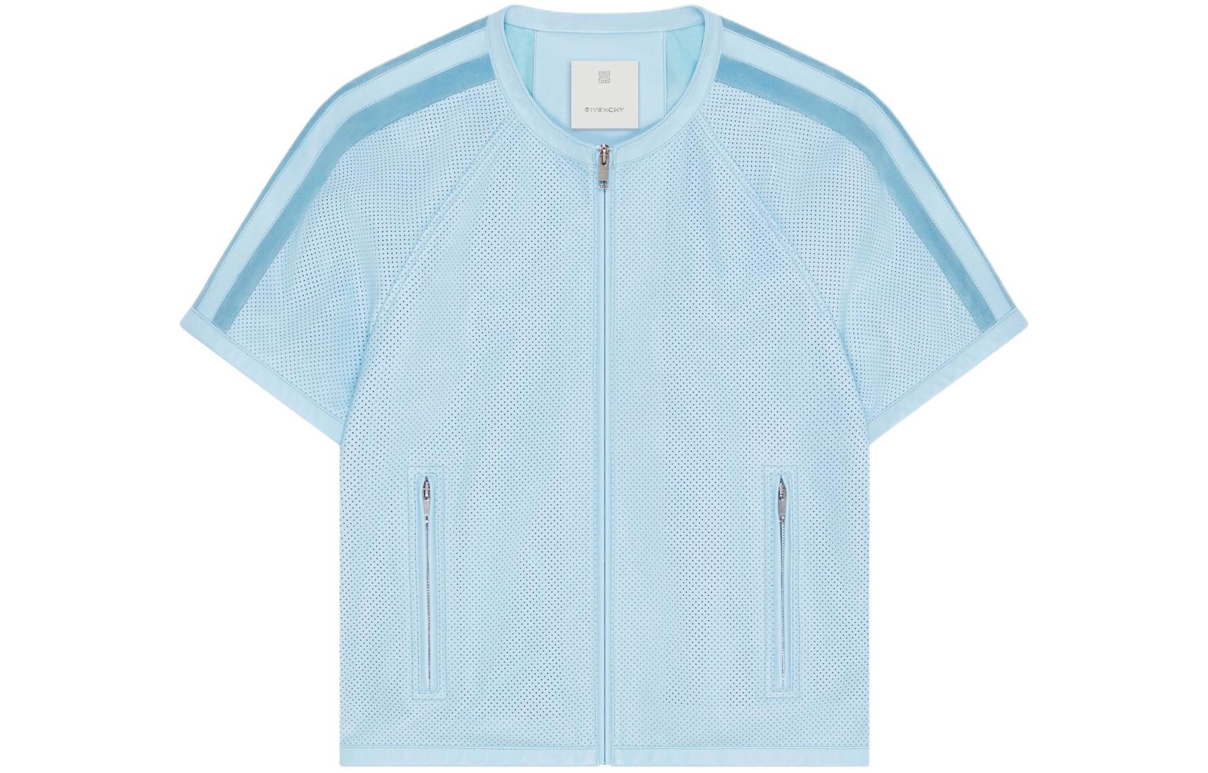 Order Givenchy SS24 Blue Perforated Leather Striped Zip-Up Short-Sleeve Jacket BM016D6Y2F-450