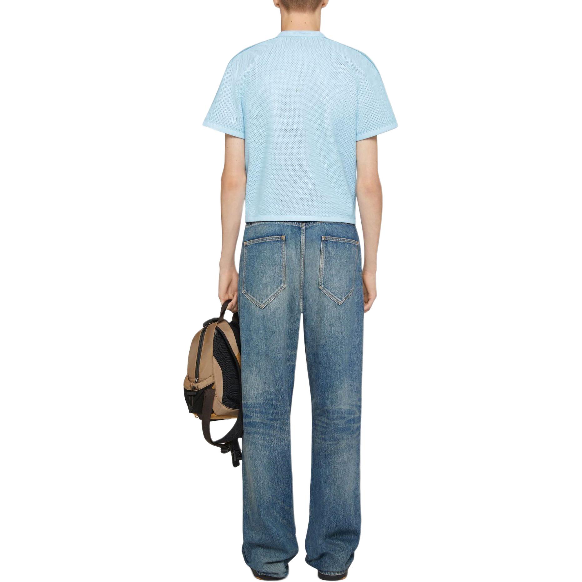 Shop Givenchy SS24 Blue Perforated Leather Striped Zip-Up Short-Sleeve Jacket BM016D6Y2F-450