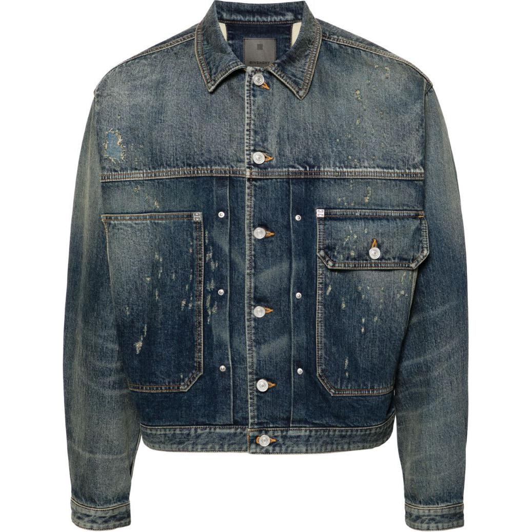 GIVENCHY SS24 Distressed Denim Jacket Long Sleeve Indigo Blue  Collection BM017H5YAG-415