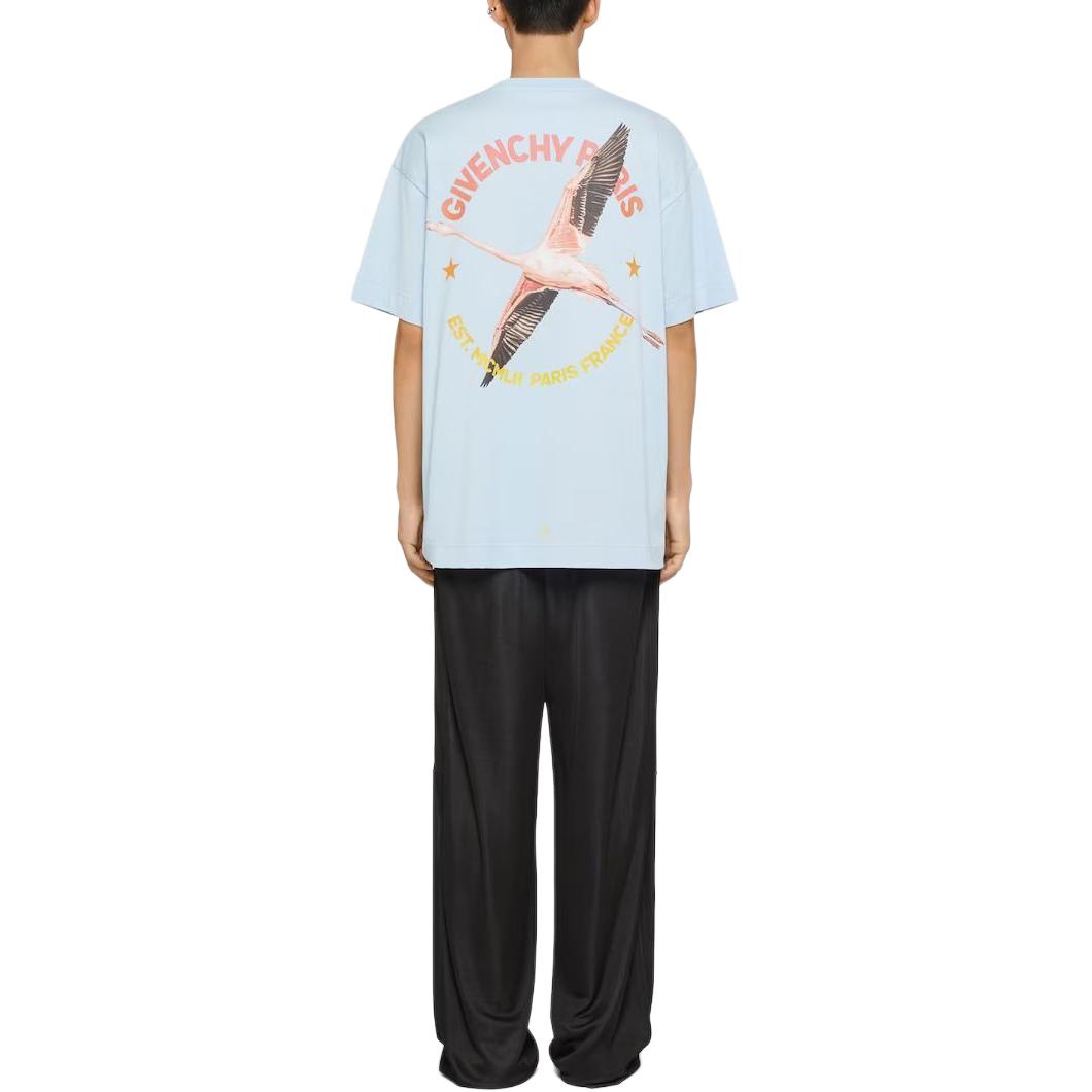Shop GIVENCHY SS24 Flamingo Logo Print  Light Blue Crewneck T-Shirt. BM71JA3YM2-450