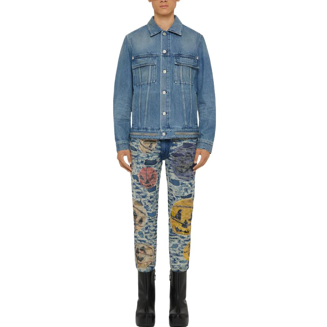 Lookbook Givenchy x Josh Smith Jeans Pria Biru Slim-Fit Grafiti Kartun Distressed. BM50ST5Y2D-400
