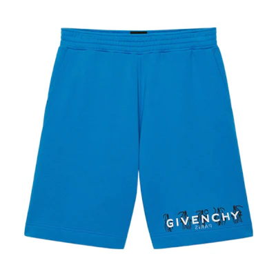 GIVENCHY Josh Smith SS22 Blue Bermuda Shorts with Art Pattern & Flip Logo. BM511S3Y6V-430
