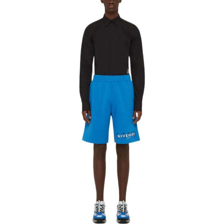 Lookbook GIVENCHY x Josh Smith SS22 Blue Bermuda Shorts with Art Pattern & Flip Logo. BM511S3Y6V-430