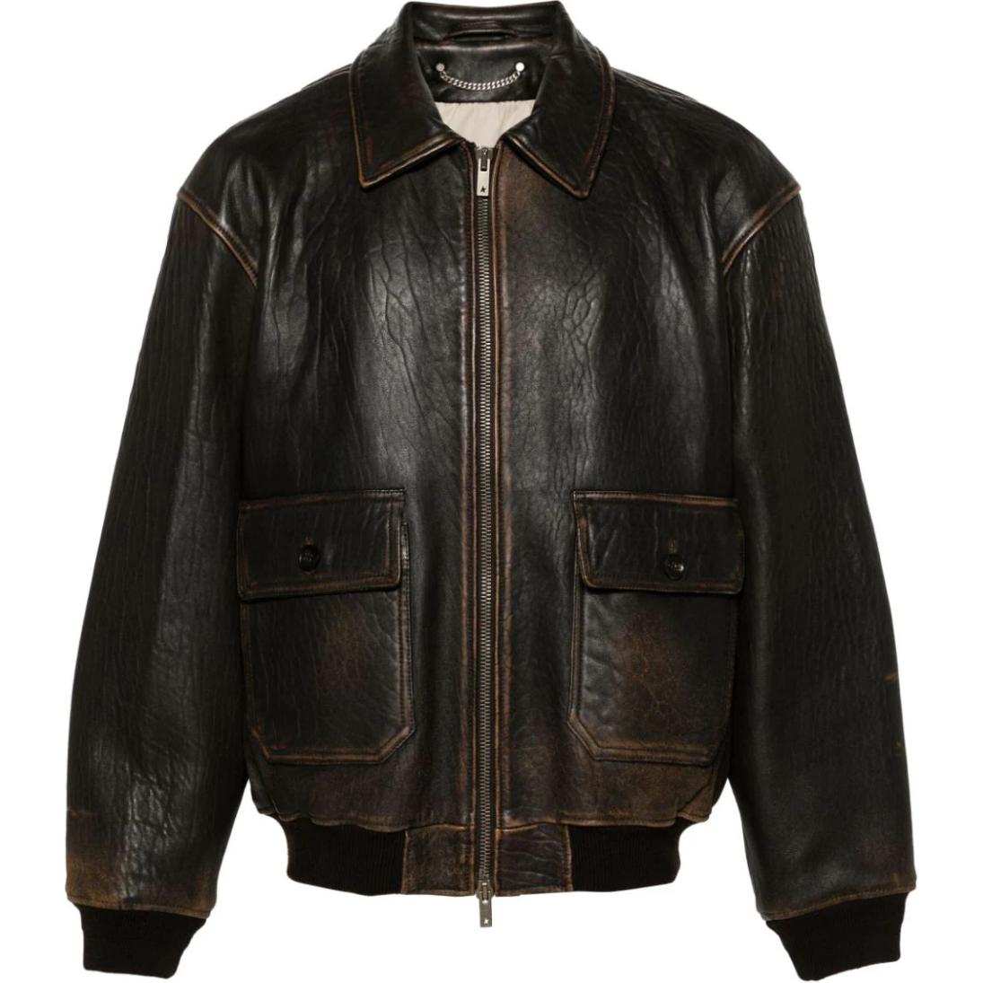 Golden Goose Distressed Polished Zip-Up Bomber Jacket Brown Outerwear GMP01658P00142555381
