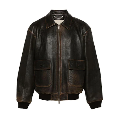 Golden Goose Distressed Polished Zip-Up Bomber Jacket Brown Outerwear GMP01658P00142555381