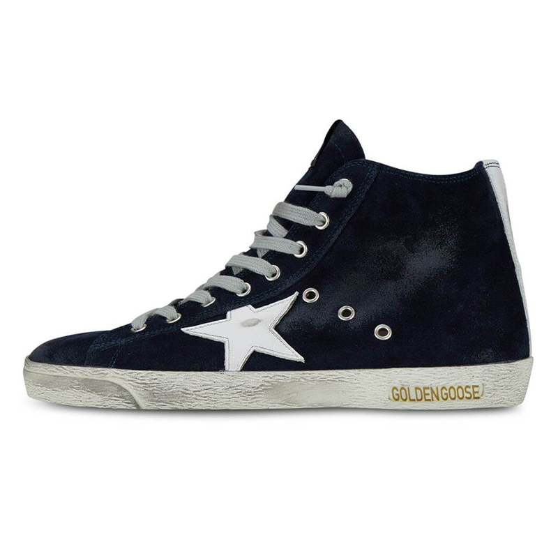 Buy Golden Goose Francy ''Donkerblauw Fluwelen Hoge Sneakers Versleten Look'' GMF00113.F000322.50517