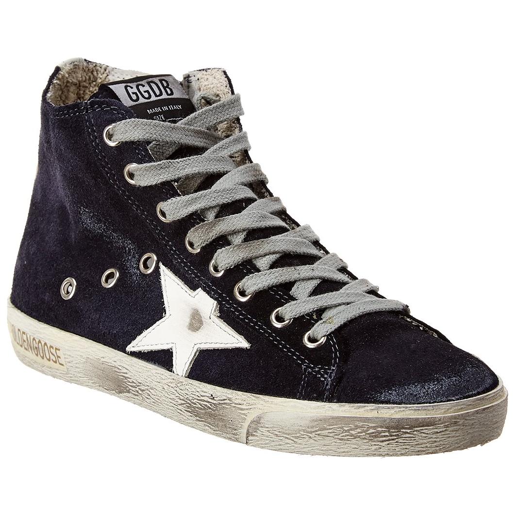 Lookbook Golden Goose Francy ''Donkerblauw Fluwelen Hoge Sneakers Versleten Look'' GMF00113.F000322.50517