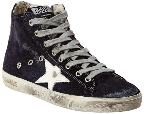 Golden Goose Francy ''Donkerblauw Fluwelen Hoge Sneakers Versleten Look'' GMF00113.F000322.50517 Lookbook Golden Goose Francy ''Donkerblauw Fluwelen Hoge Sneakers Versleten Look'' GMF00113.F000322.50517