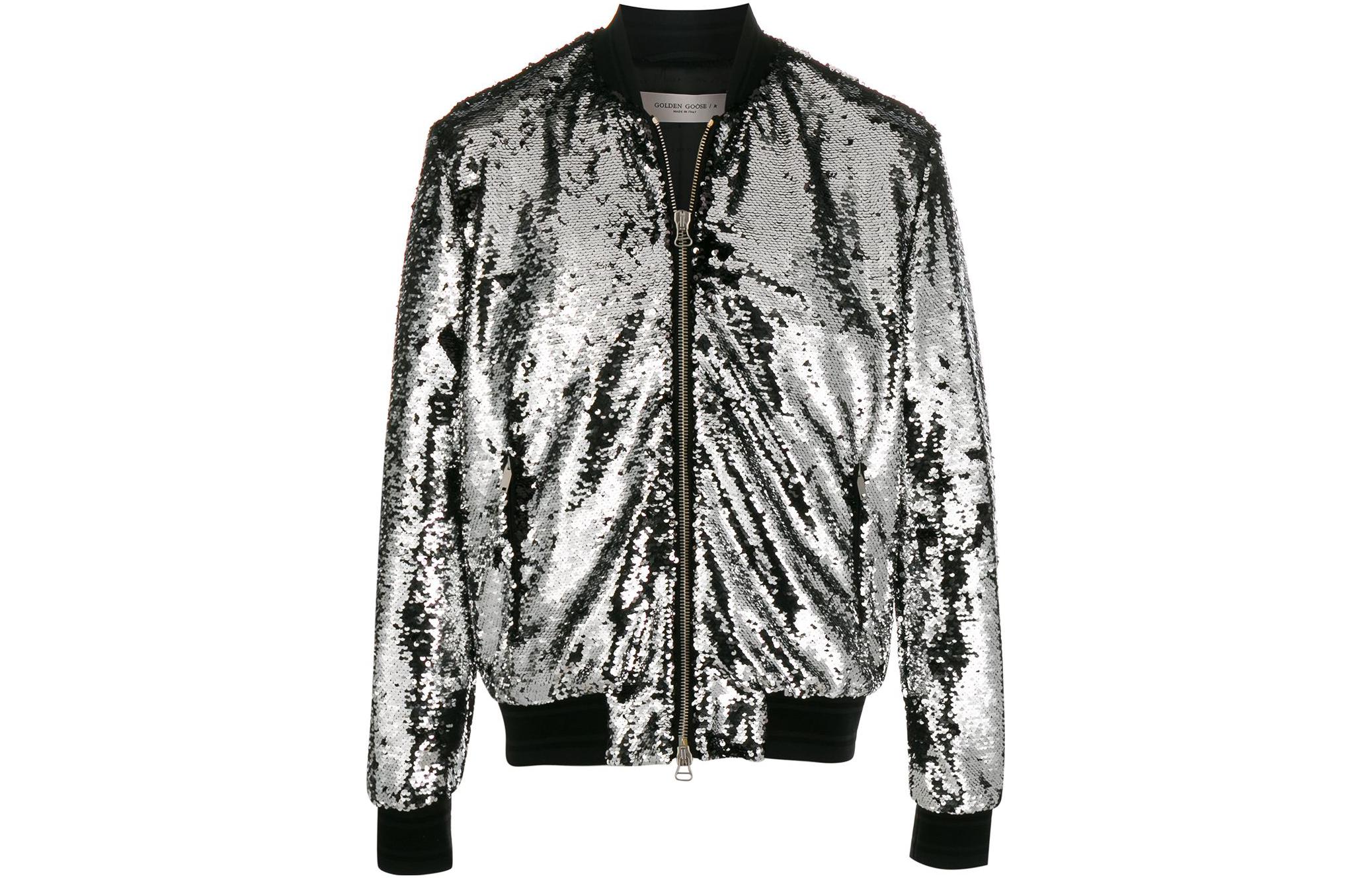 Golden Goose Silver Sequin Zip Jacket Long Sleeve Outerwear G36MP514A1A1