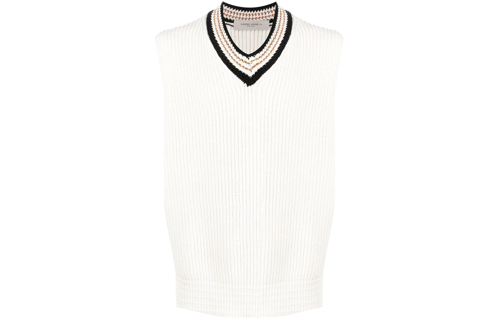 Order ゴールデングース SS23 ホワイト Vネックニットベスト ストライプトリム付き GMP01343P00098820103