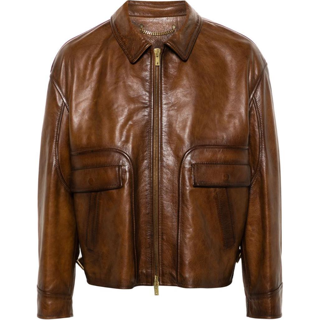 Golden Goose SS24  Brown Leather Jacket with Zipper Pockets and Collar. GMP01886P00167255612