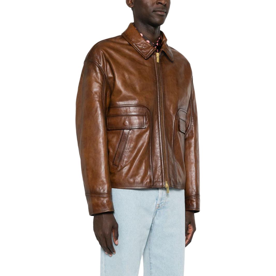 Purchase Golden Goose SS24  Brown Leather Jacket with Zipper Pockets and Collar. GMP01886P00167255612
