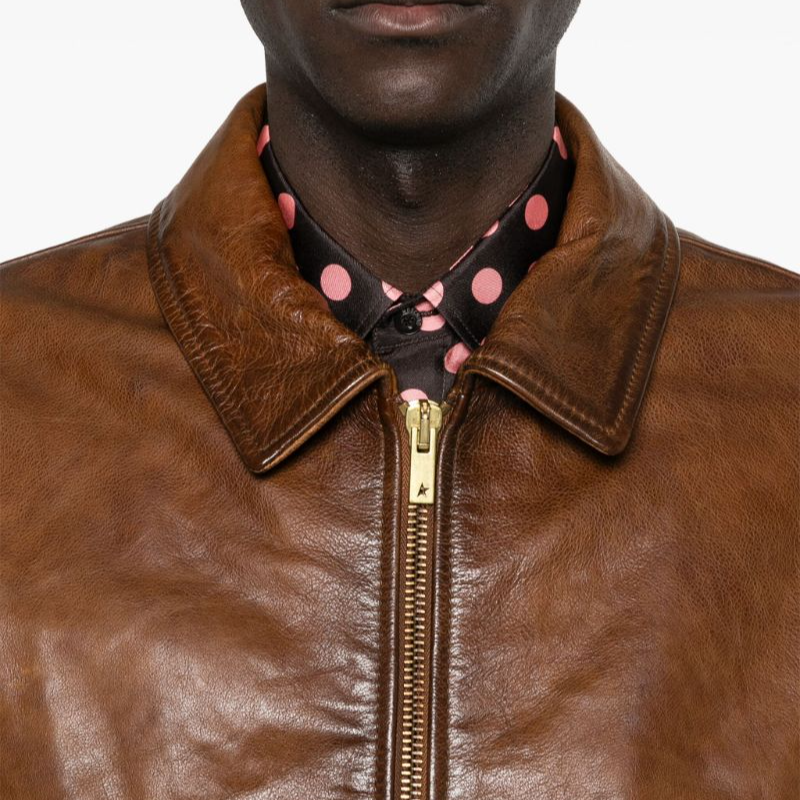 Details for Golden Goose SS24  Brown Leather Jacket with Zipper Pockets and Collar. GMP01886P00167255612