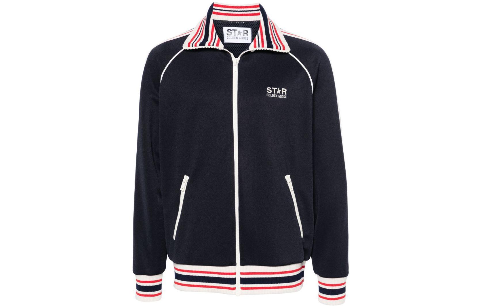 Golden Goose SS24 Blue Striped High-Neck Zip Jacket with Embroidery - GMP01798P00152450836