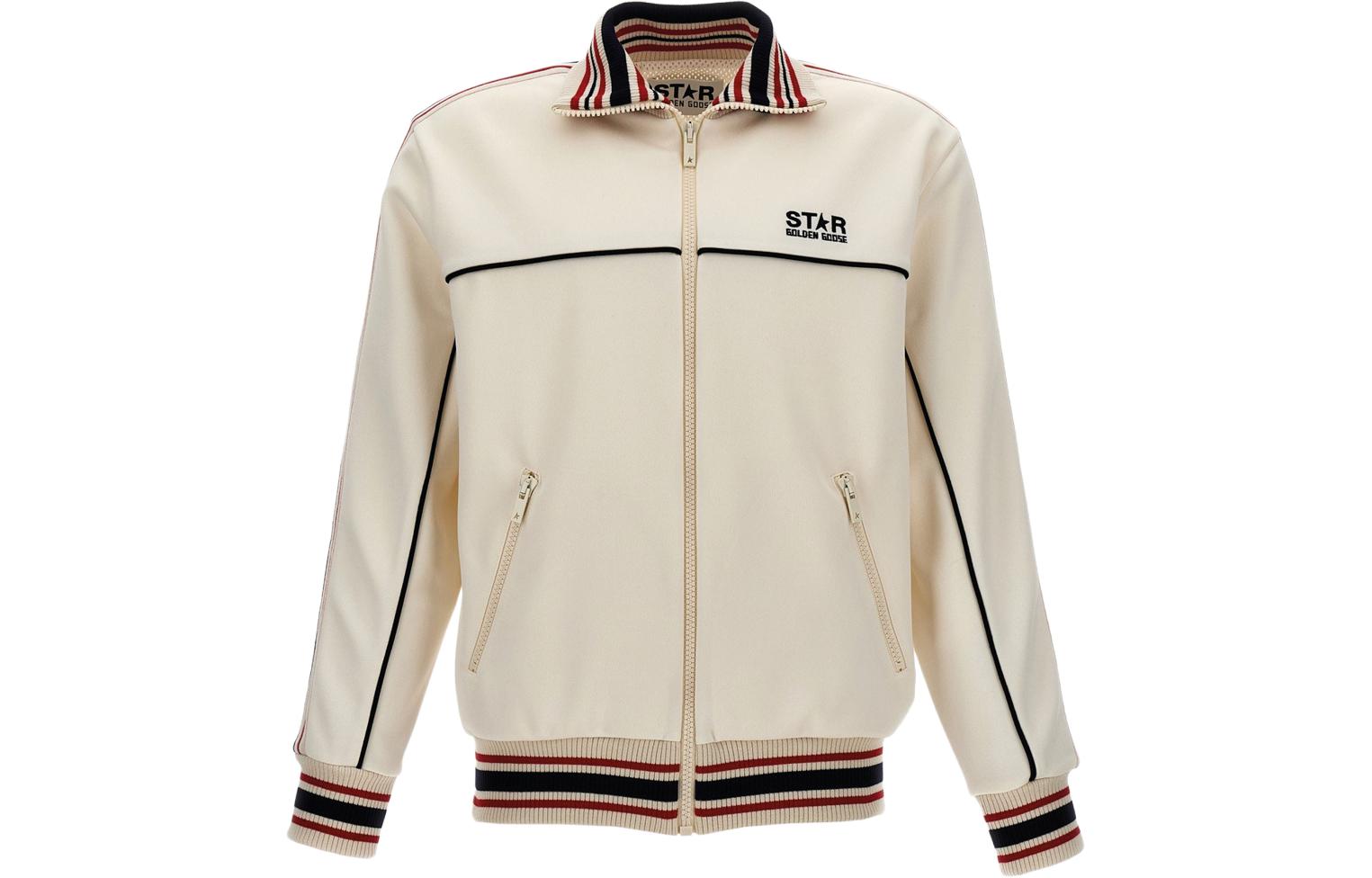 Golden Goose Striped Logo Print Collared Long Sleeve Jacket Mens Light Brown GMP01795P0015241179111791