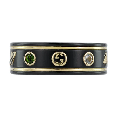 GUCCI 18K Gold Black Ring with Geometric Patterns 527095-J8F77-8522