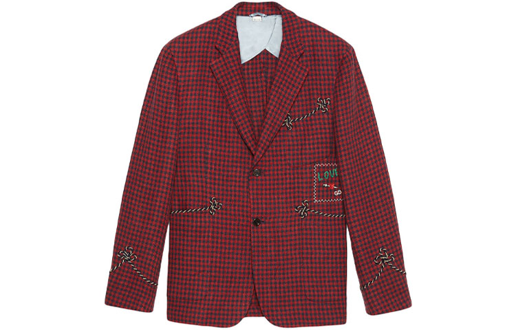 Gucci 2019 Pre-Fall Red Plaid Logo Embroidered Blazer for Men 568650-ZAB7H-6431