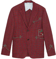 Gucci 2019 Pre-Fall Red Plaid Logo Embroidered Blazer for Men 568650-ZAB7H-6431 Gucci 2019 Pre-Fall Red Plaid Logo Embroidered Blazer for Men 568650-ZAB7H-6431