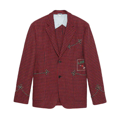 Gucci 2019 Pre-Fall Red Plaid Logo Embroidered Blazer for Men 568650-ZAB7H-6431