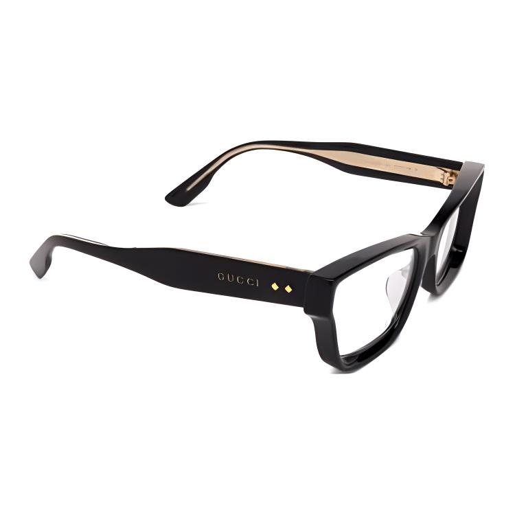 Shop GUCCI  Black Acetate Square Optical Eyeglass Frame with Engraved Temples. GG1533OA 001