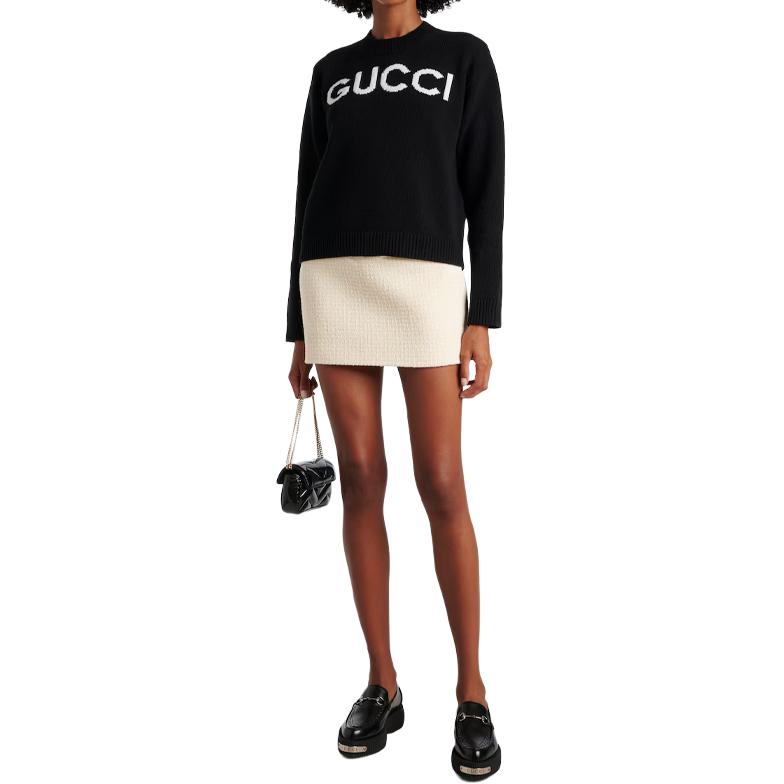 Shop GUCCI  Black Alphabet Embroidered Knit Crewneck Sweater. 770072-XKEBC-1289