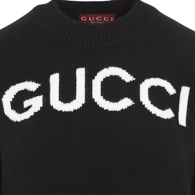 GUCCI Black Alphabet Embroidered Knit Crewneck Sweater. 770072-XKEBC-1289 Details for GUCCI Black Alphabet Embroidered Knit Crewneck Sweater. 770072-XKEBC-1289