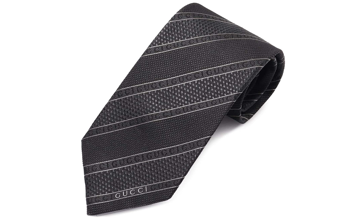 GUCCI  Black Silk Tie with Gray-Black Stripes - Elegant Business Style 499694-4B002-1000