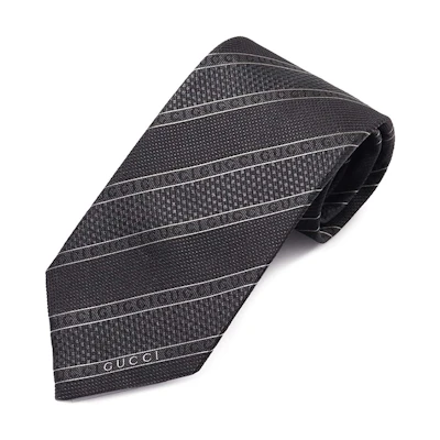 GUCCI Black Silk Tie with Gray-Black Stripes - Elegant Business Style 499694-4B002-1000