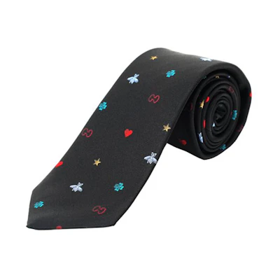 GUCCI Black Silk Tie with Heart Embroidery and Bee Design. 571819-4E002-1000