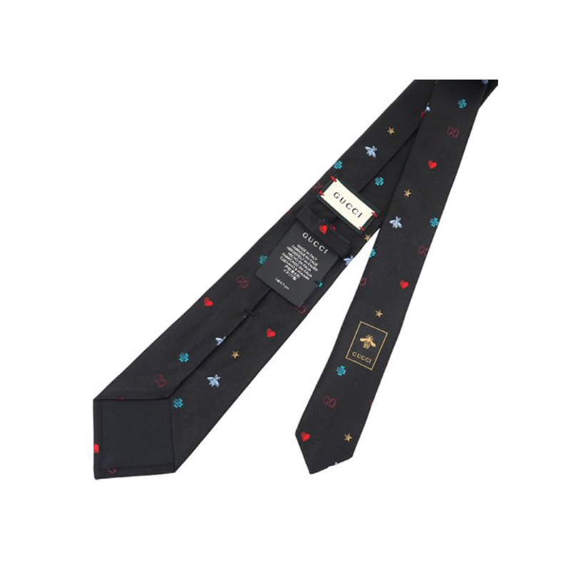 GUCCI  Black Silk Tie with Heart Embroidery and Bee Design. 571819-4E002-1000 圖 5