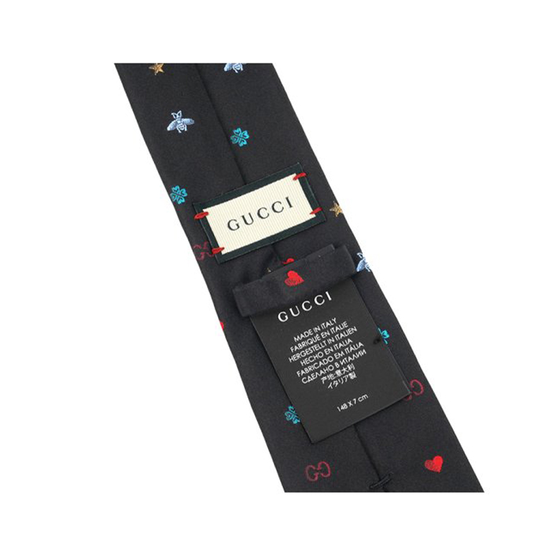 GUCCI  Black Silk Tie with Heart Embroidery and Bee Design. 571819-4E002-1000 圖 6