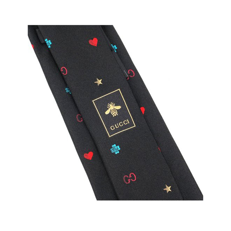 GUCCI  Black Silk Tie with Heart Embroidery and Bee Design. 571819-4E002-1000 圖 7