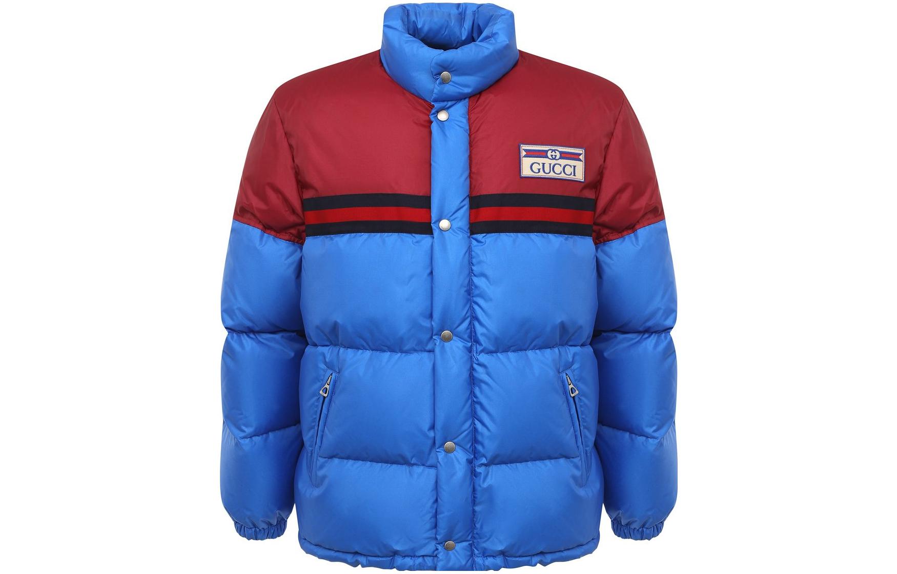 GUCCI  Blue Colorblock Logo Print Long Sleeve Down Jacket. 673150-Z8AQ0-4415