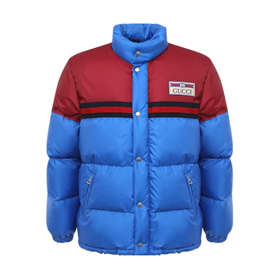 GUCCI Blue Colorblock Logo Print Long Sleeve Down Jacket. 673150-Z8AQ0-4415