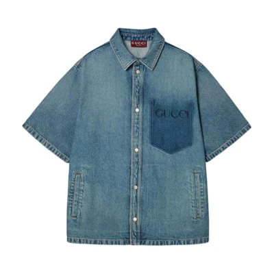 GUCCI Blue Denim Short Sleeve Shirt with Letter Print. 785759-XDCZI-4597