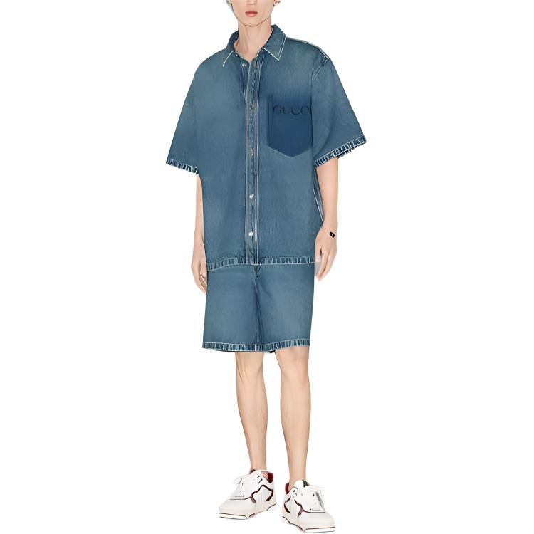 GUCCI  Blue Denim Short Sleeve Shirt with Letter Print. 785759-XDCZI-4597 圖 3