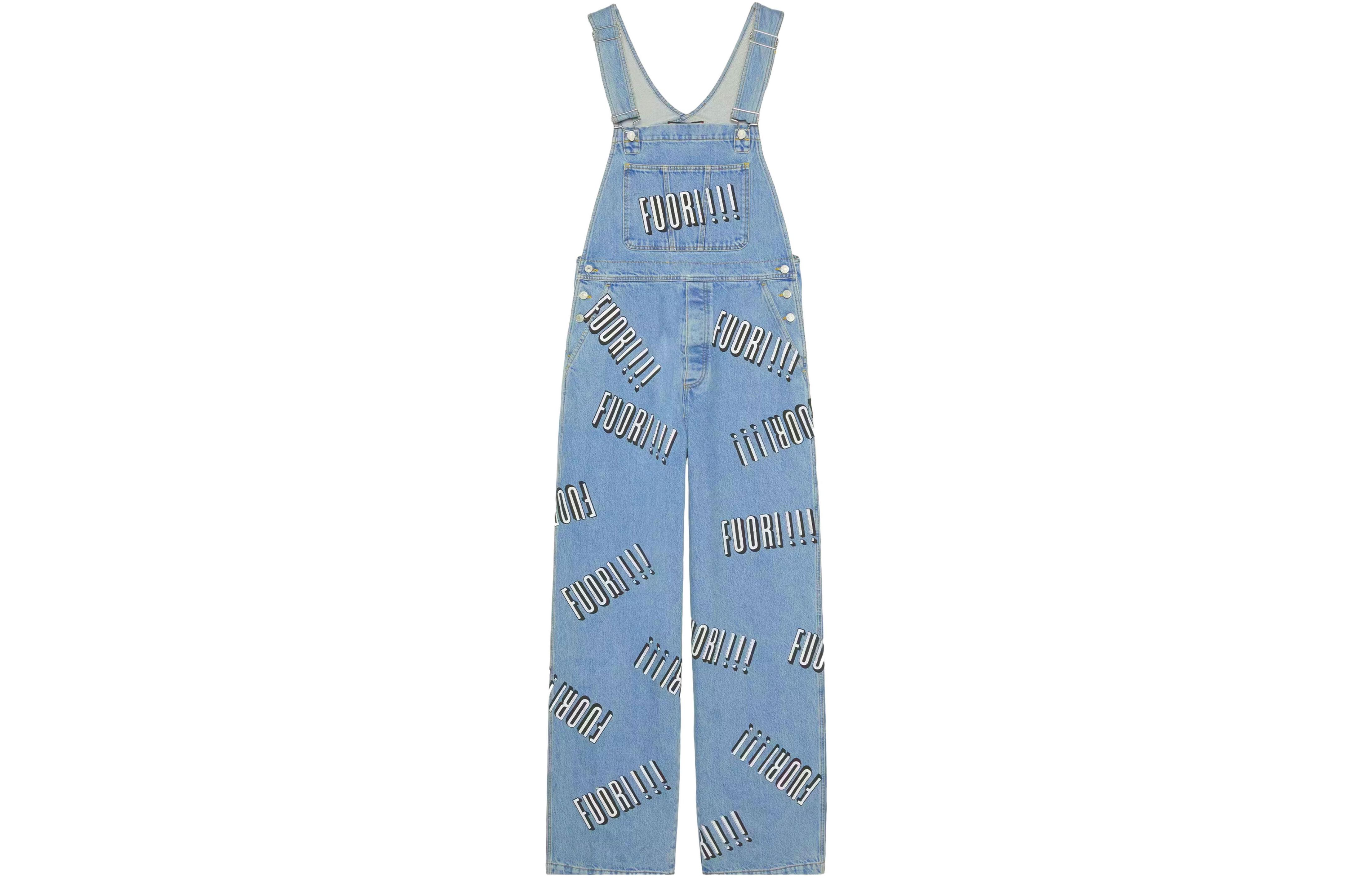 GUCCI  Blue Loose Fit Overalls with All-Over Letter Print and Zipper. 742592-XDCFU-4452