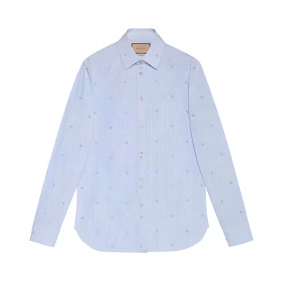 GUCCI Blue Striped Long-Sleeve Shirt with Logo Embroidery. 673494-ZAHJ0-4421