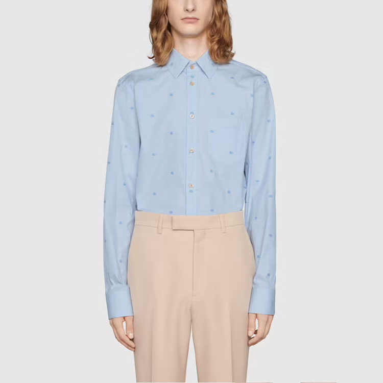 Shop GUCCI Camisa Azul de Rayas Manga Larga con Bordado de Logo. 673494-ZAHJ0-4421