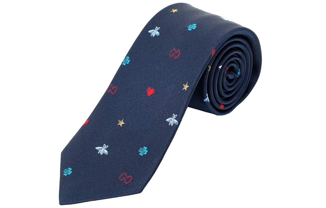 GUCCI  Blue Tie with Bee, Heart, and Star Pattern Design. 571819-4E002-4100