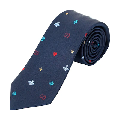 GUCCI Blue Tie with Bee, Heart, and Star Pattern Design. 571819-4E002-4100