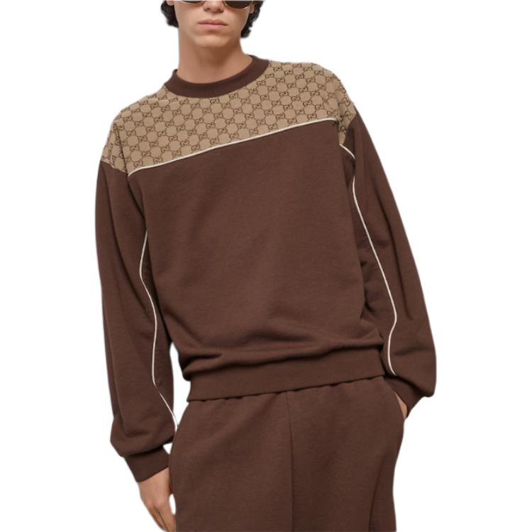 Shop GUCCI 棕色標誌印花圓領長袖運動衫 768479-XJF35-2255