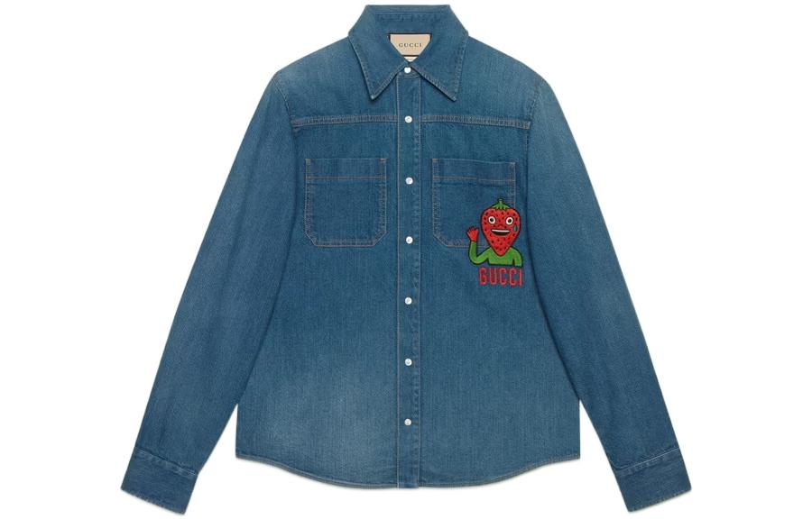 GUCCI  FW22 Embroidered Strawberry Denim Long-Sleeve Shirt Blue 655703-XDB2R-4447