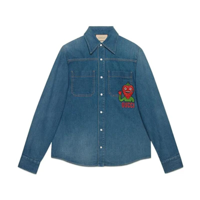 GUCCI FW22 Embroidered Strawberry Denim Long-Sleeve Shirt Blue 655703-XDB2R-4447