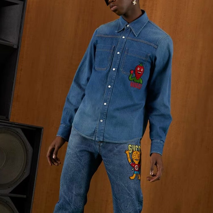 GUCCI  FW22 Embroidered Strawberry Denim Long-Sleeve Shirt Blue 655703-XDB2R-4447 圖 5