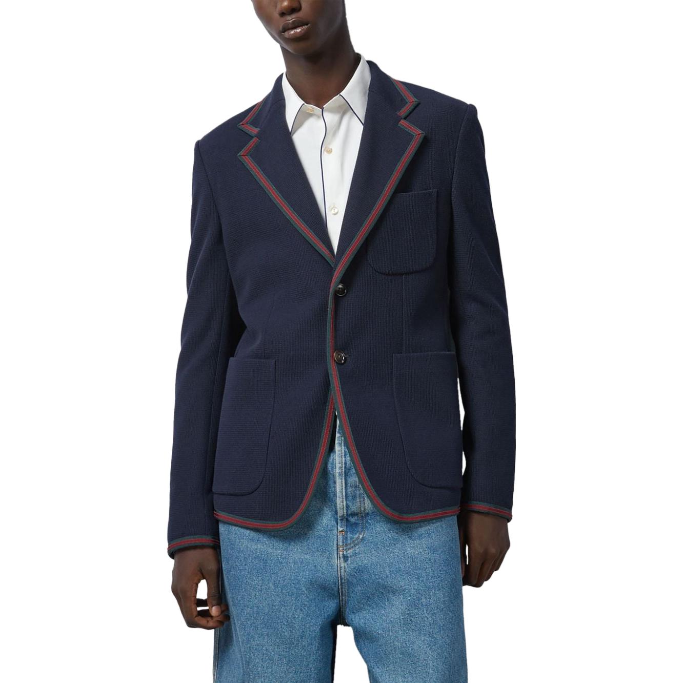 Shop GUCCI Blazer Knit FW23 dengan Webbing - Biru 770374-ZAM6S-4240